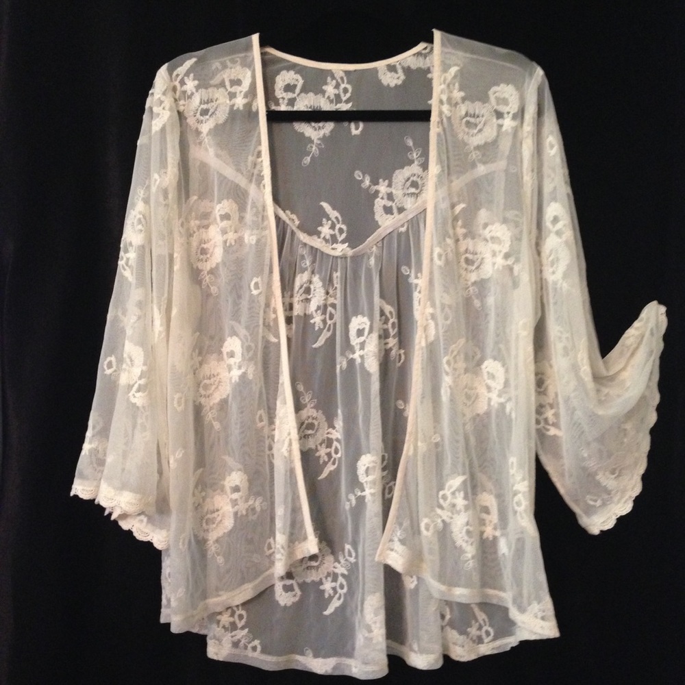 Lacy Kimono with Crochet Trim - Cream